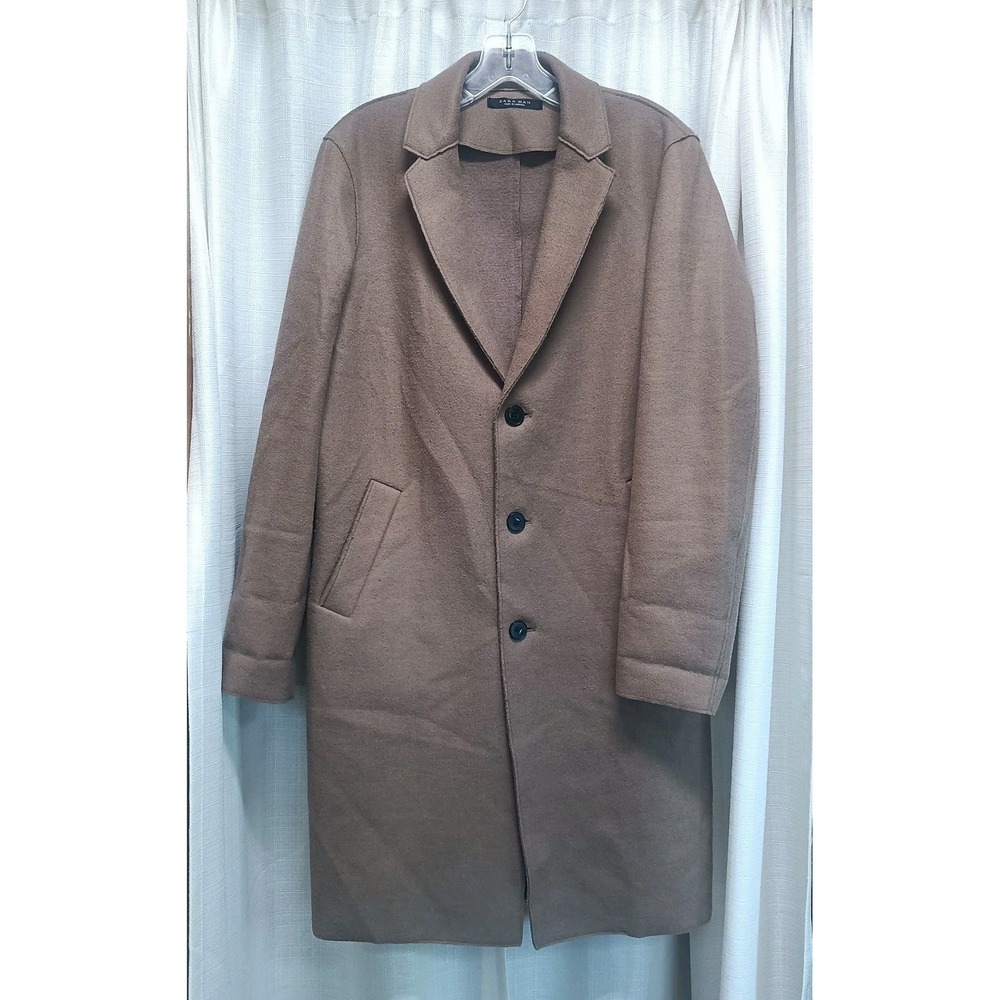 Zara Man Size M Wool Blend Brown Single Breasted Long Overcoat Trench Coat
